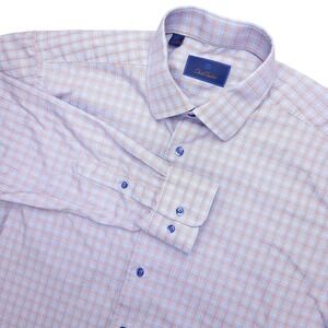 David Donahue Dress Shirt Mens 16.5 36/37 Blue Orange Check Regular‎ Fit Cotton